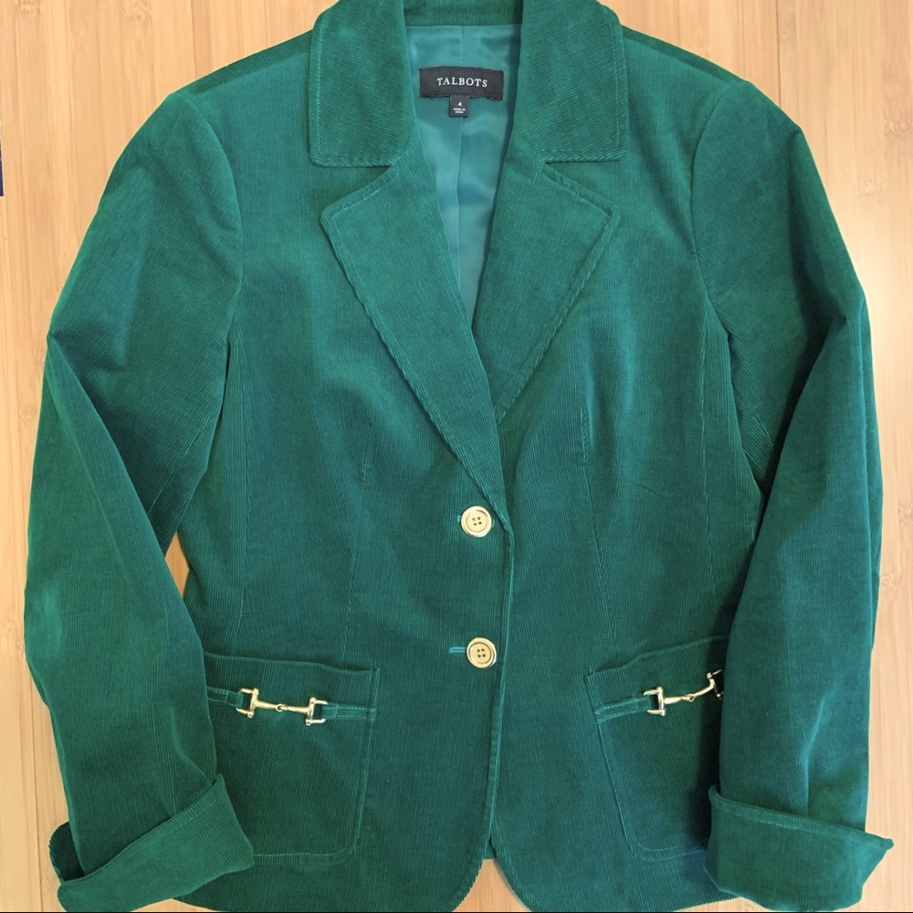 Talbots Corduroy Equestrian Blazer Kelly Green Bridle Bit Gold Accents - Picture 3 of 8
